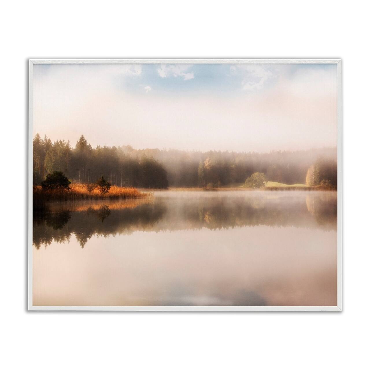 Stupell Industries Autumn Lake Misty Landscape Distant Pine Tree Forest Framed Giclee Art